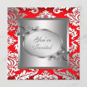 Silver Red Black Damask Party Invitation by Pure_Elegance at Zazzle