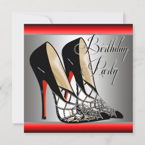 Silver Red Black High Heels Birthday Party Personalized Announcements