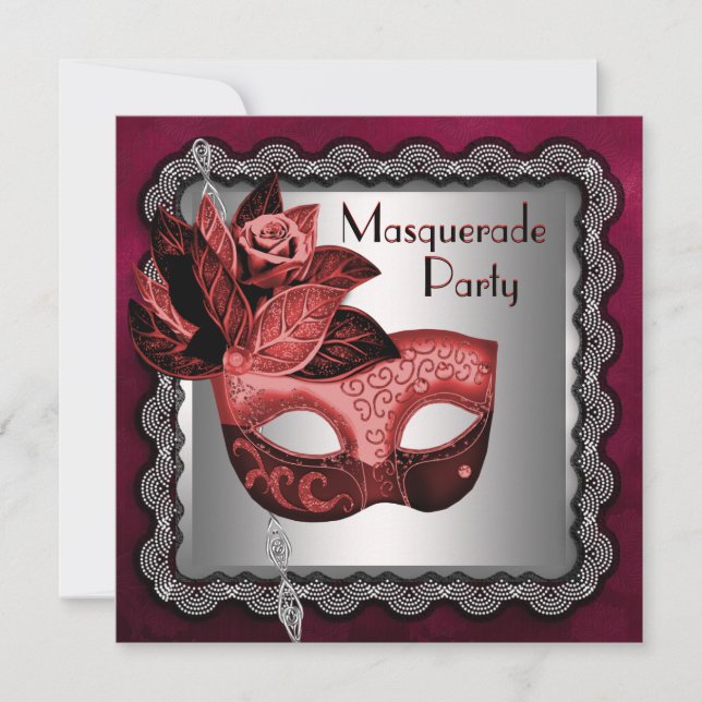 Silver Red Black Mask Masquerade Party Invitation (Front)