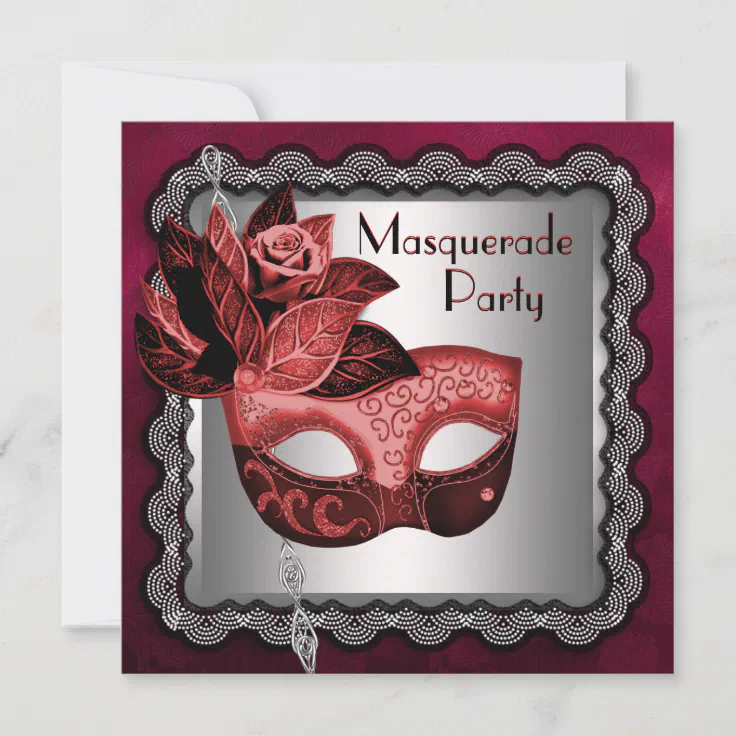 Silver Red Black Mask Masquerade Party Invitation | Zazzle