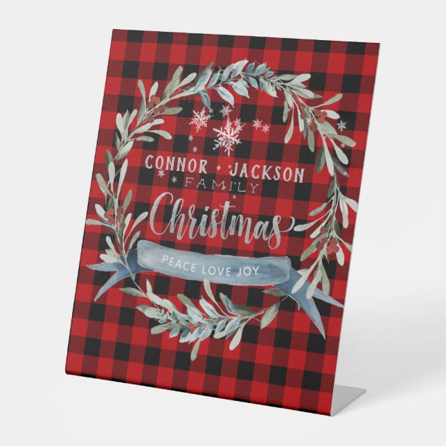 Silver & Red Buffalo Plaid Family Christmas Wreath Pedestal Sign (Front)