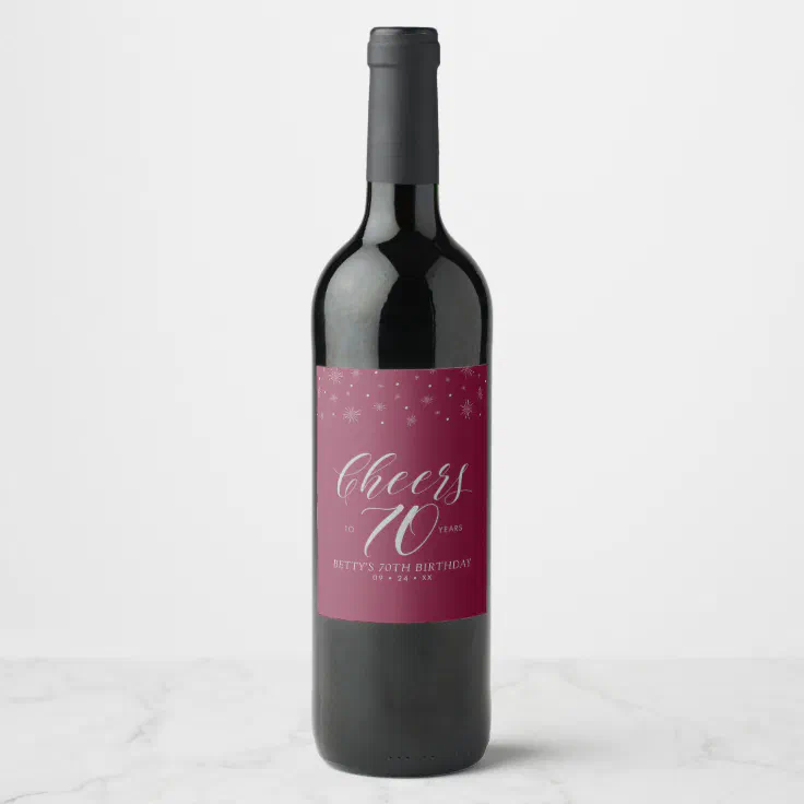 Silver & Red Cheers 70 years 70th Birthday Party Wine Label | Zazzle