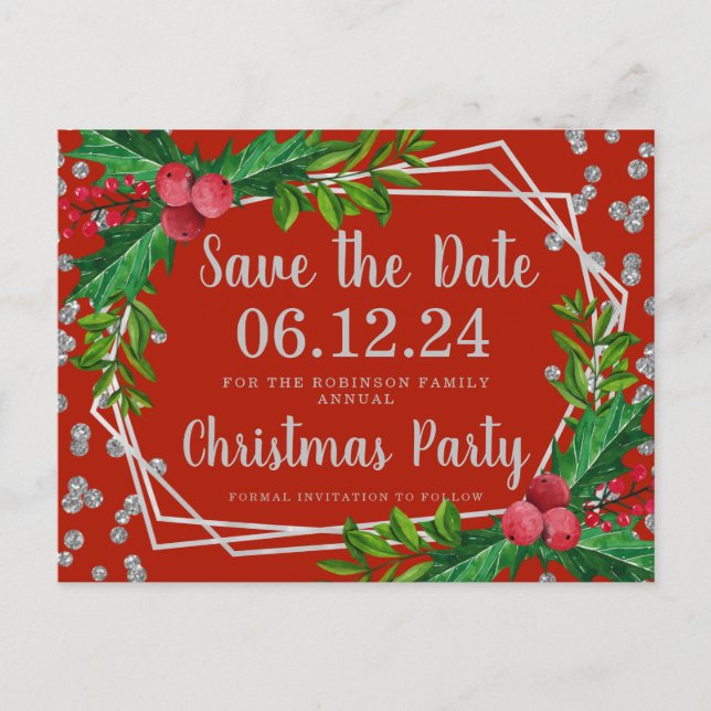 Silver Red Christmas Save Date Holly Glitter Announcement Postcard (Front)