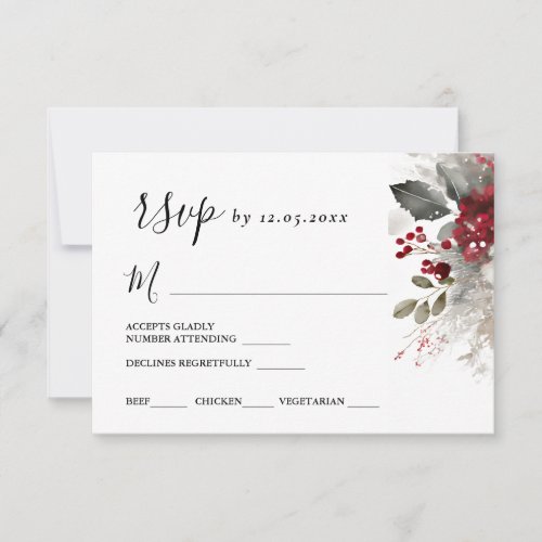 Silver Red Christmas Winter Floral Wedding RSVP Card