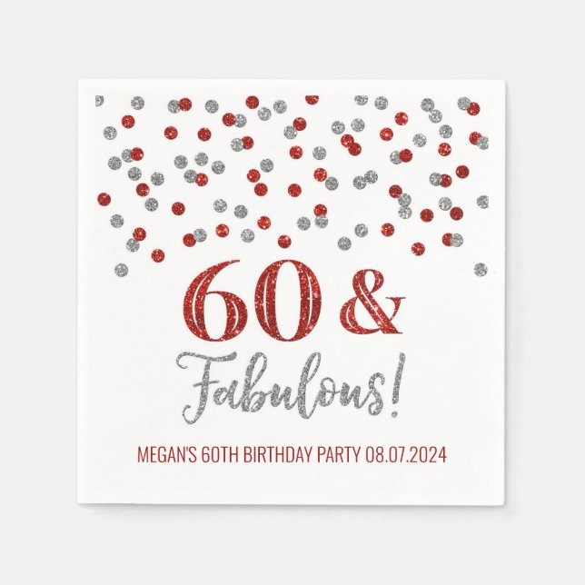 Silver Red Confetti 60 & Fabulous Napkins (Front)