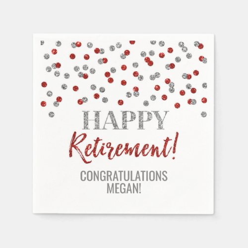 Silver Red Confetti Happy Retirement Napkins