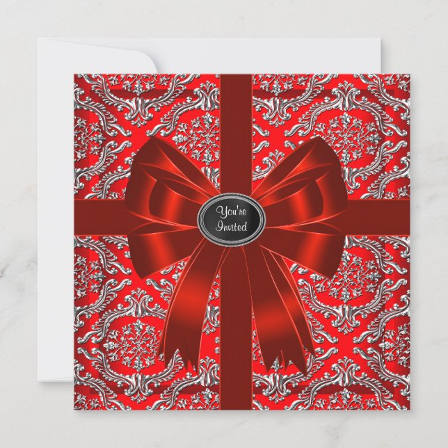 Silver Red Damask Corporate Christmas Party Invitation (Front)