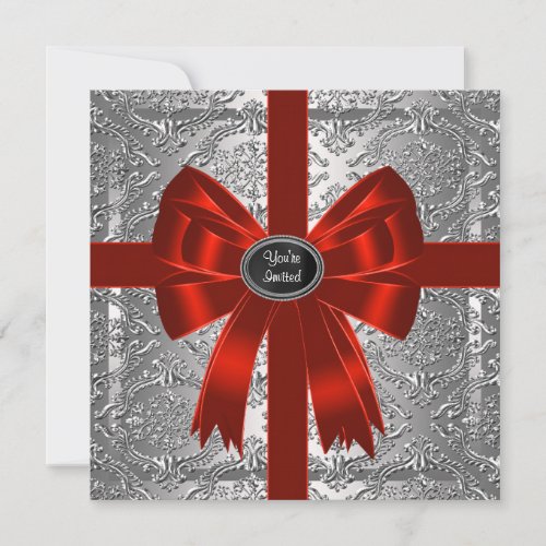 Silver Red Damask Corporate Christmas Party Invitation