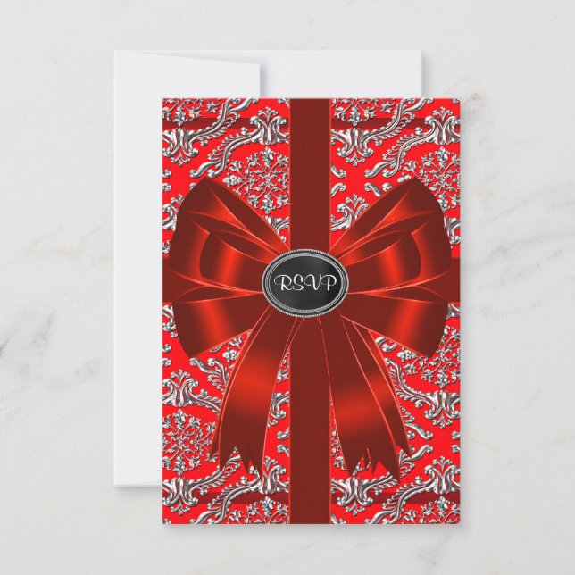 Silver Red Damask Corporate Christmas Party RSVP (Front)