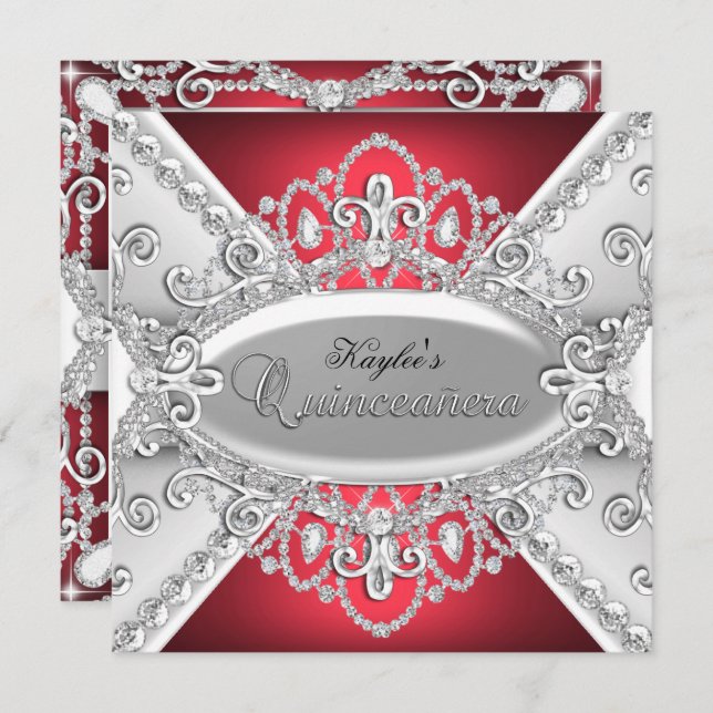 Silver & Red Diamond Damask Quinceanera Invite (Front/Back)