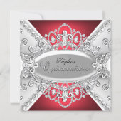 Silver & Red Diamond Damask Quinceanera Invite (Front)