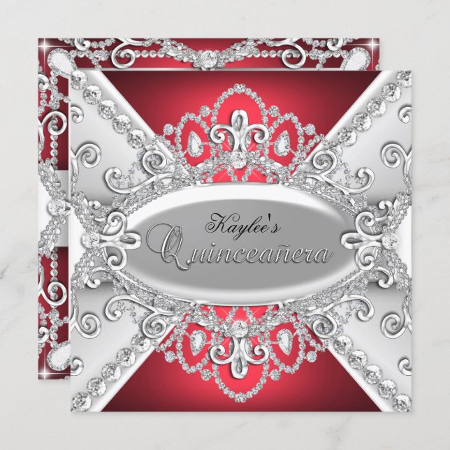 Silver & Red Diamond Damask Quinceanera Invite (Front/Back)