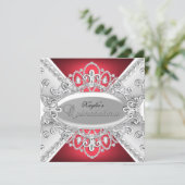 Silver & Red Diamond Damask Quinceanera Invite (Standing Front)