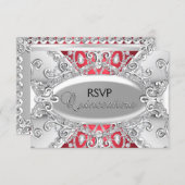 Silver & Red Diamond Damask Quinceanera RSVP (Front/Back)