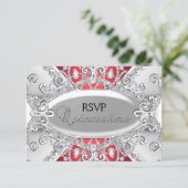 Silver & Red Diamond Damask Quinceanera RSVP (Standing Front)