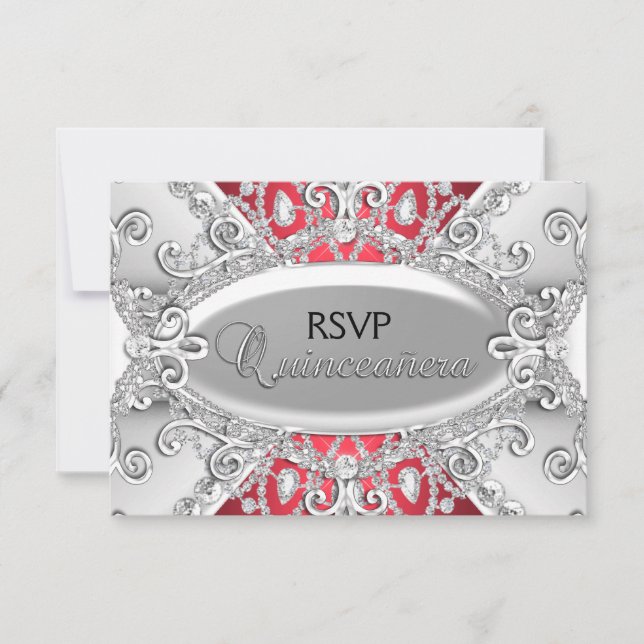 Silver & Red Diamond Damask Quinceanera RSVP Card (Front)