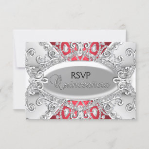 Silver & Red Diamond Damask Quinceanera RSVP Card