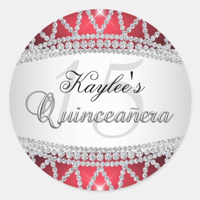 Silver & Red Diamond Quinceanera Sticker (Front)