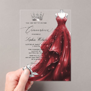 Silver Red Dress Princess Quinceañera Acrylic Invitations
