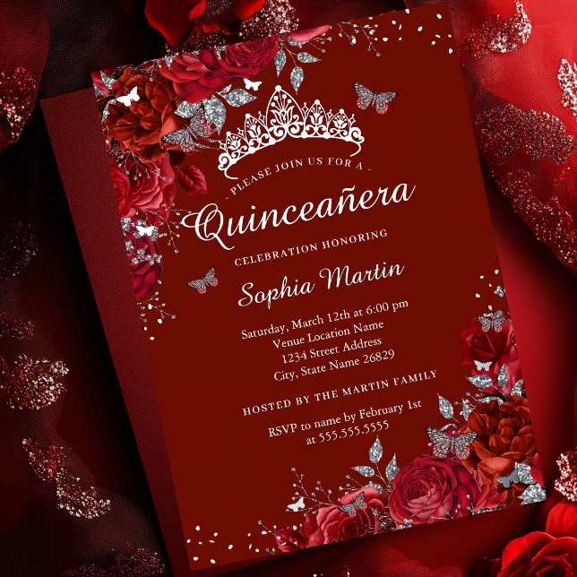 Silver Red Elegant Floral Butterfly Quinceanera  Foil Invitation (Creator Uploaded)