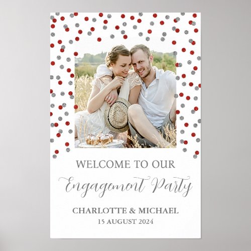 Silver Red Engagement Party Custom 12x18 Photo Poster