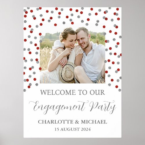 Silver  Red Engagement Party Custom 18x24 Photo Poster