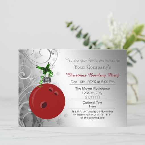 silver red Festive Corporate Bowling party Invite Zazzle