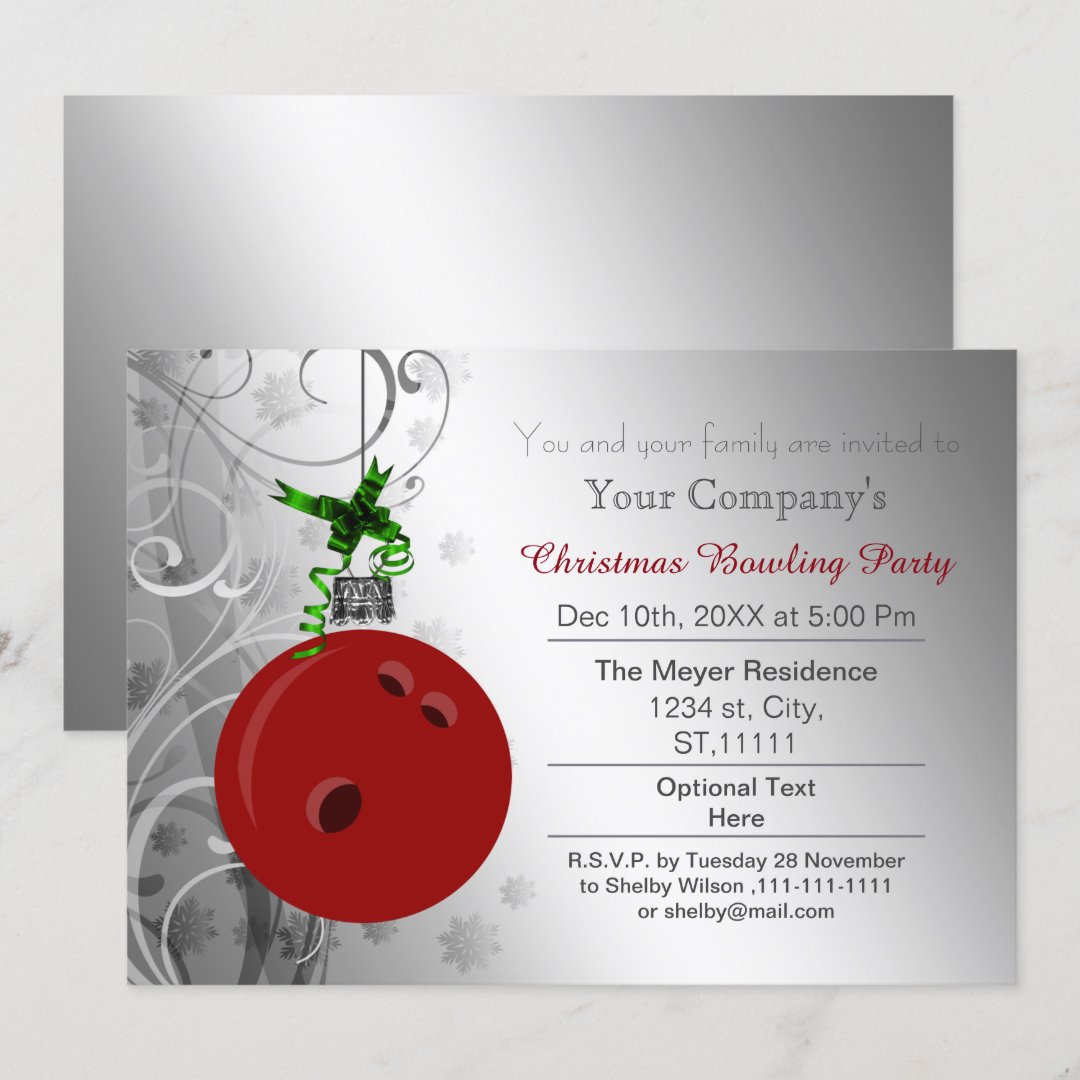 silver red Festive Corporate Bowling party Invite Zazzle