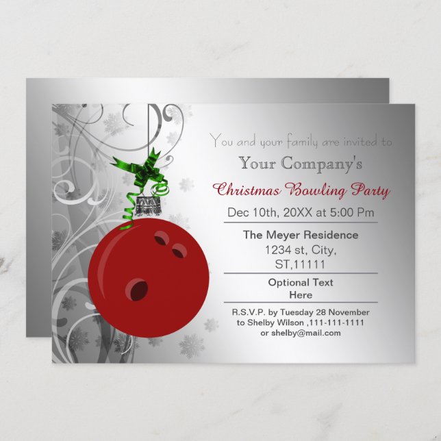 silver red Festive Corporate Bowling party Invite (Front/Back)