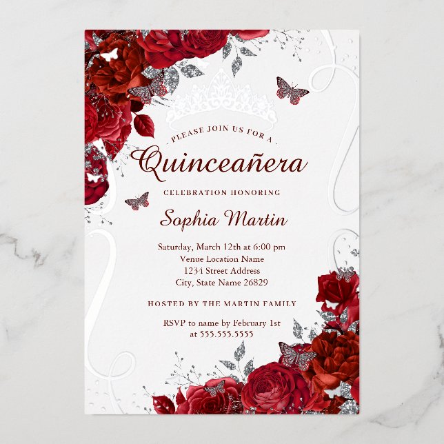 Silver Red Floral Butterfly Elegant Quinceanera  Foil Invitation (Front)