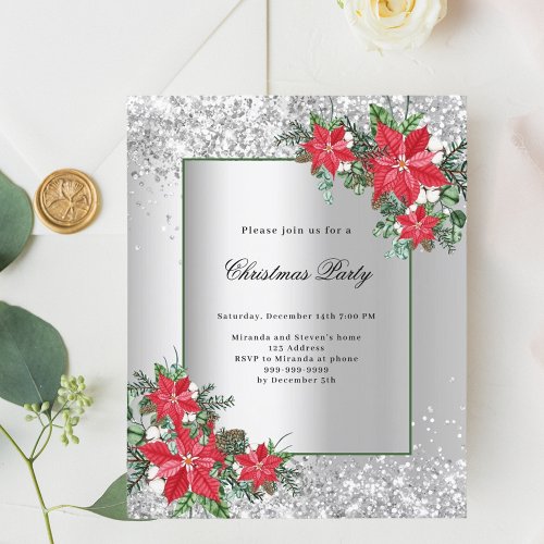 Silver red floral decor Christmas Party invitation