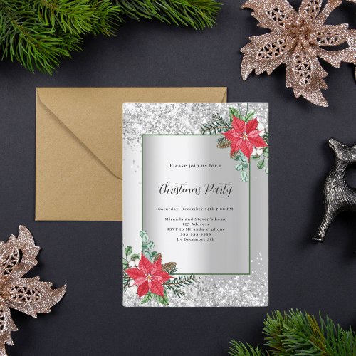 Silver red floral decor Christmas Party Invitation