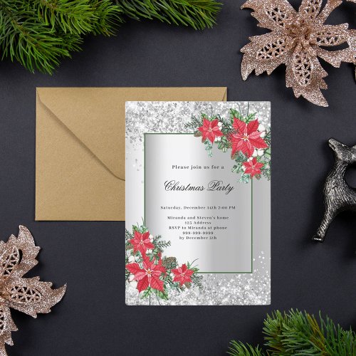 Silver red floral decor Christmas Party Invitation