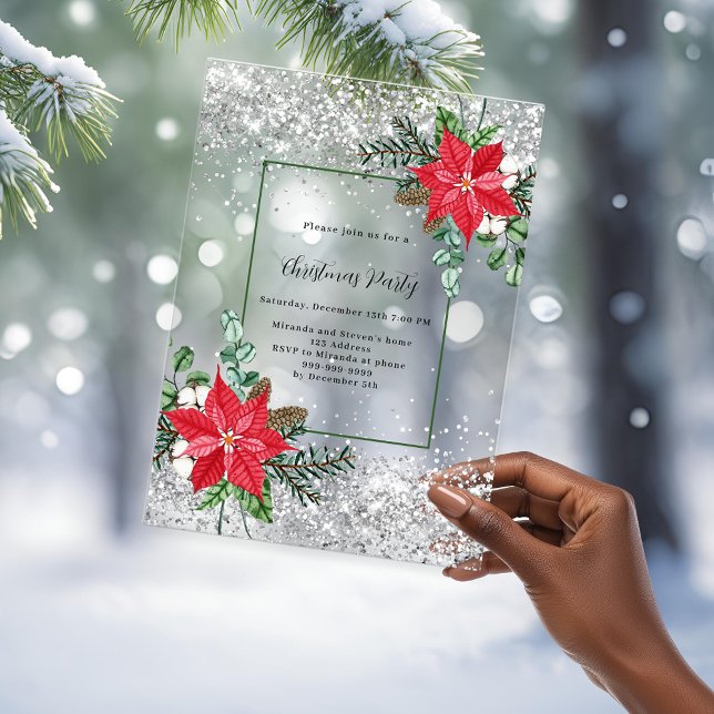 Silver red floral decor frosted Christmas Party Acrylic Invitations (Creator Uploaded)