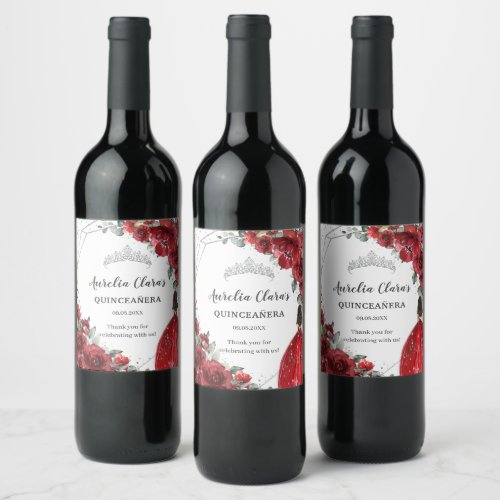 Silver Red Floral Flower Quinceaera 16th Birthday Wine Label