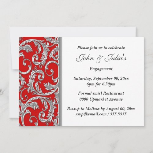 Silver red floral paisley flourish engagement chic invitation