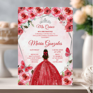 Silver Red Flower Mexican Girl Sweet 15th Birthday Invitation