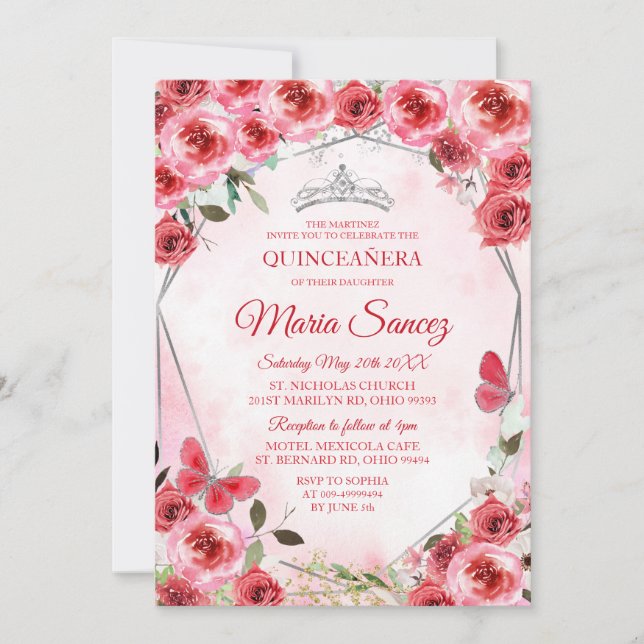 Silver Red Flower Spanish Girl Sweet 16th Birthday Invitation (Front)