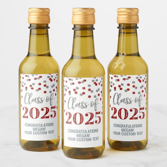 Silver Red Glitter Class of 2025 Graduation Wine Label (Bottles)