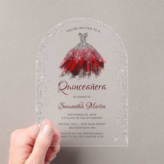 Silver Red Glitter Dress Script Quinceañera Party Acrylic Invitations (Insitu (Handheld))