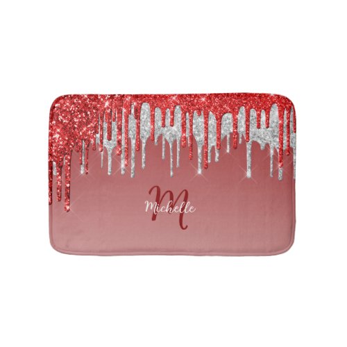 Silver Red Glitter Drip Monogram Sparkle Cute Bath Mat