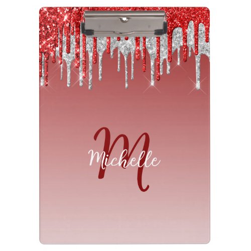 Silver Red Glitter Drip Monogram Sparkle Cute Clipboard