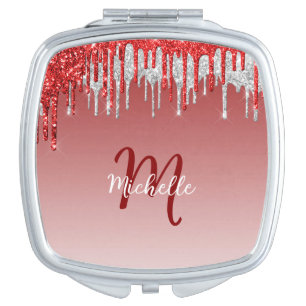 Silver Red Glitter Drip Monogram Sparkle Cute Compact Mirror