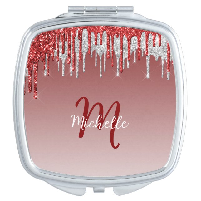 Silver Red Glitter Drip Monogram Sparkle Cute Compact Mirror (Front)