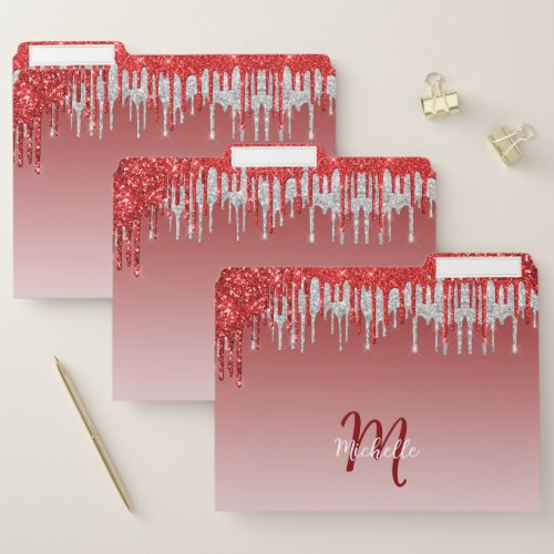 Silver Red Glitter Drip Monogram Sparkle Cute File Folder
