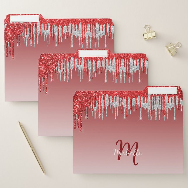 Silver Red Glitter Drip Monogram Sparkle Cute File Folder (Set)