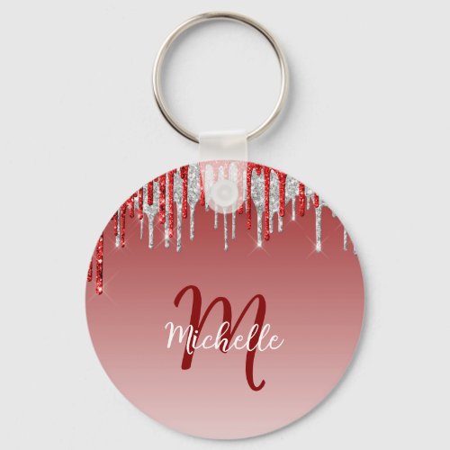 Silver Red Glitter Drip Monogram Sparkle Cute Keychain