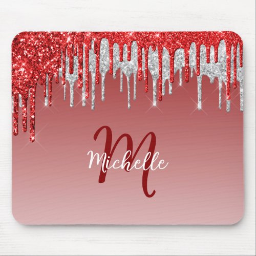 Silver Red Glitter Drip Monogram Sparkle Cute Mouse Pad