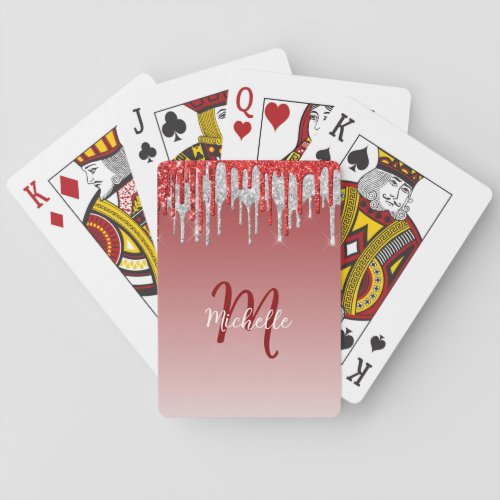 Silver Red Glitter Drip Monogram Sparkle Cute Poker Cards