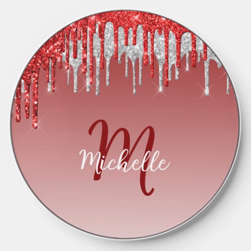 Silver Red Glitter Drip Monogram Sparkle Cute Wireless Charger